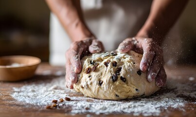 A baker’s hands kneading dough with raisins on a floured wooden surface