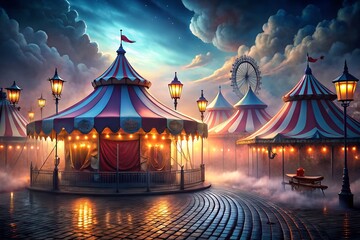 A magical carnival at night with illuminated circus tents and a ferris wheel under a dramatic, cloudy sky with a hint of fog
