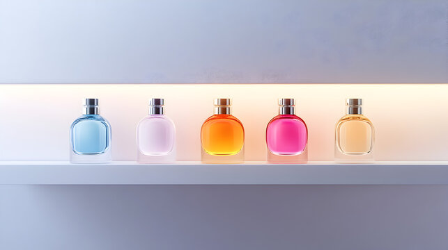 un fondo de exhibidor iluminado con perfumes de diferente aroma fragancias y productos de belleza esencias 