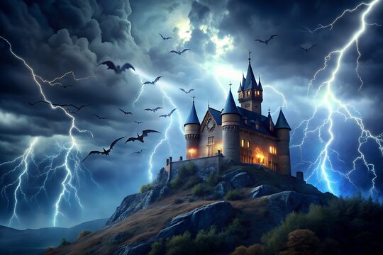 A foreboding gothic castle perched on a hill during a fierce thunderstorm with dramatic lightning illuminating the dark, stormy sky and flying bats