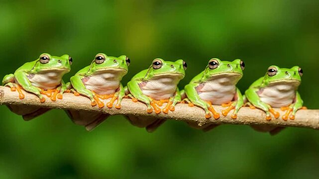 Five green tree frogs perched sidebyside on a branch against a green background