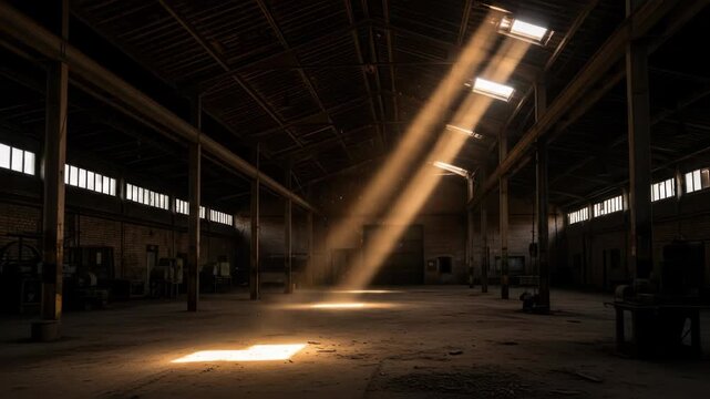 Sunlight streams through windows in empty abandoned warehouse interior, creating light beams and dust particles in dark space. Abandoned place, interior and industry.
