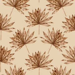 Watercolor seamless floral pattern illustration in boho style on dark cream background with palm leaves, dried flowers, leaves and branches for wedding, invitation, cards, decoration, wallpapers