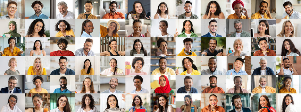 A vibrant collage displays a diverse group of people from various backgrounds, all smiling and exuding happiness in a modern setting. The joyful atmosphere emphasizes unity in diversity.