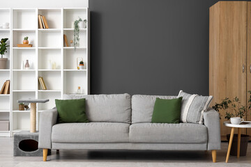 Interior of living room with grey sofa and bookshelf