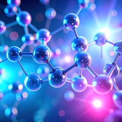 A futuristic, abstract 3D representation of molecular structures in a glowing blue and purple environment.