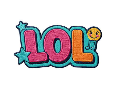 Brightly colored lol lettering with stars and smiley face emoji isolated on transparent background