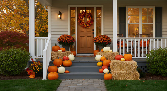 A welcoming home's front porch decorated for autumn with pumpkins, hay bales, and mums.