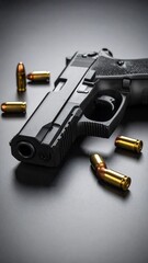 Gun and ammunition on a dark surface