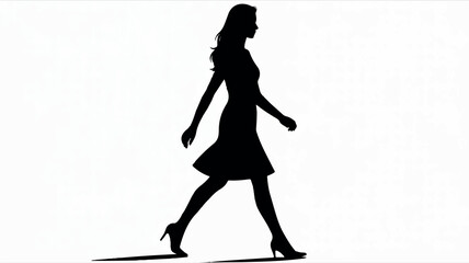 Elegant black silhouette of a woman in profile walking against a clean white background