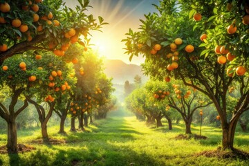 Fototapeta premium Golden Hour in a Lush Citrus Grove, Rows of Abundant Fruit Trees Bathed in Sunlight, a Tranquil and Serene Orchard Landscape