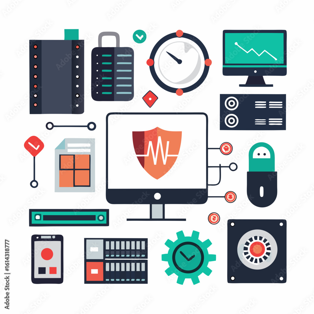 Poster digital security and data protection icons including servers computer shield lock and gear