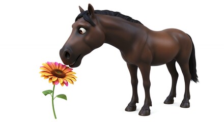 Fototapeta premium Cartoon horse smelling a sunflower