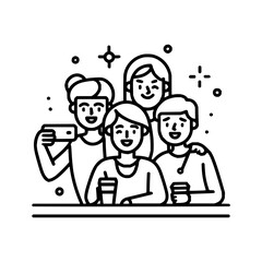 Group of friends taking a selfie at a table with drinks and smiling in a black and white line drawing