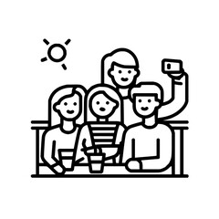 Group of friends taking a selfie at a cafe with drinks and sunny weather in a line art illustration