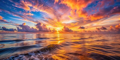 Fototapeta premium Serene ocean waves reflecting a vibrant and colorful sunrise with dramatic cloudscape