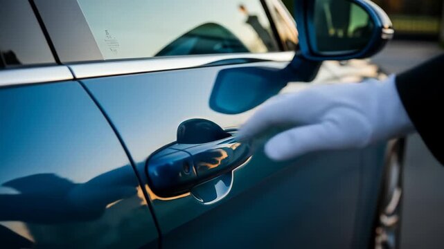 Chauffeur in Pristine White Gloves Opening Elegant Blue Luxury Car Door