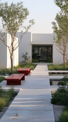 Modern courtyard with red benches and light-colored walkway