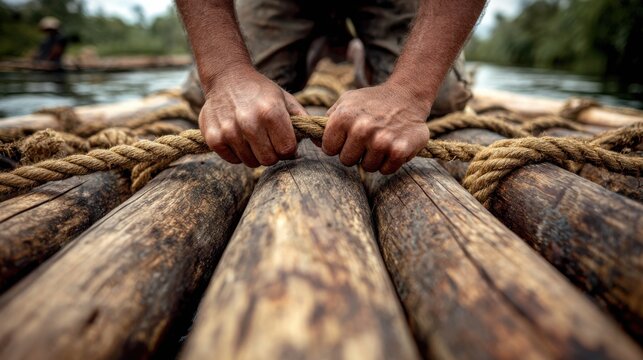 Captivating medium shot capturing hands of a skilled logger tightening ropes on a wooden log raft