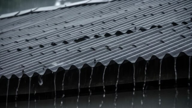 Rain falling on corrugated metal roof with rain water flowing down, weather concept.