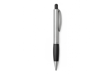 Sleek silver-black ballpoint pen resting on transparent surface, highlighting professional writing instrument design