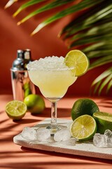 Fototapeta premium Ultra realistic depiction of a classic margarita cocktail on a white tray, garnished with lime slices and ice cubes. Terracotta background with palm leaves