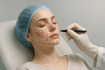 Female patient receiving cosmetic surgery or facial treatment with dotted lines drawn on her face to mark areas for surgery or injectables in a modern clinic facial makeup skincare Background