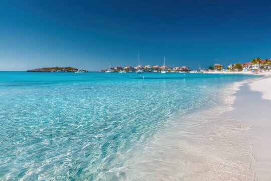 Idyllic tropical beach with turquoise water gently lapping the shore on a sunny day in Saint Barth