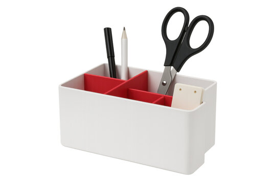 White red desk organizer storing office supplies, enhancing workspace efficiency against clean transparent backdrop
