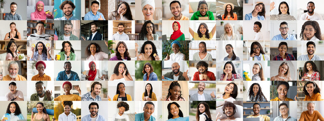Fototapeta premium A vibrant collage showcasing a range of diverse individuals smiling and expressing happiness. Each portrait captures the beauty of different cultures and lifestyles in a warm, inviting atmosphere.