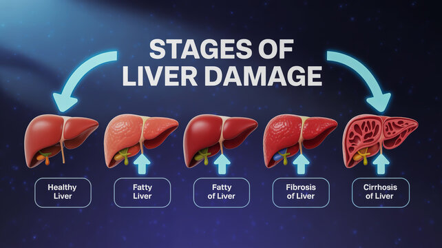 Five stages of liver damage infographic with anatomical illustrations and text labels on dark blue background