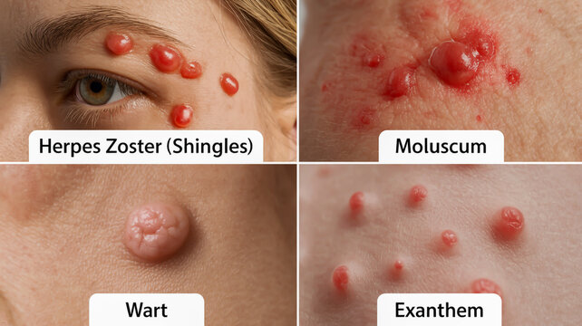 Four close up medical images of skin conditions Herpes Zoster Molescum Wart and Exanthem dermatology