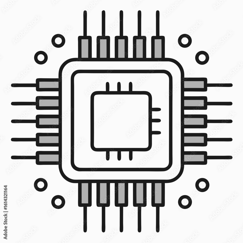 Poster stylized illustration of a computer processor chip with multiple pins and small circles