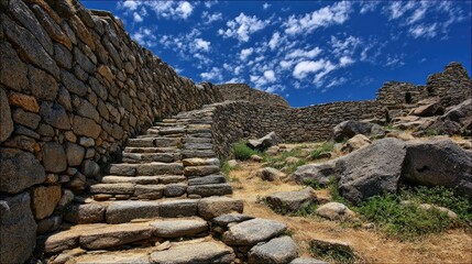 Ancient stone steps winding upward through a stone wall.