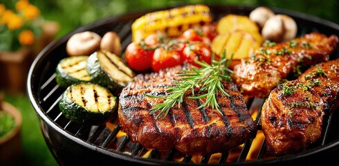 Grilled meats and fresh vegetables sizzling on a barbecue grill, creating a mouthwatering feast for a summer outdoor gathering