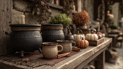 Fototapeta premium Rustic Autumn Still Life with Cauldrons and Pumpkins