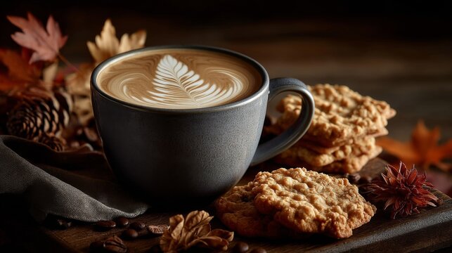 Autumn Latte with Oatmeal Cookies and Fall Decor - Powered by Adobe