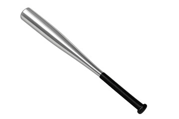 Metallic baseball bat with glossy silver barrel, black grip, 3d rendered against transparent backdrop for athletic design needs