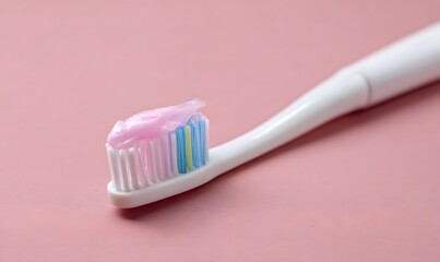 a toothbrush with paste on bristles, vivid simple background