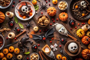 A delightful assortment of halloween treats, including pumpkins, cookies, and candies, scattered across a dark surface with spooky embellishments