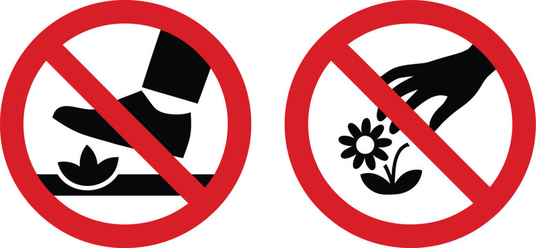 Do not step on plants or pick flowers prohibition sign concept.