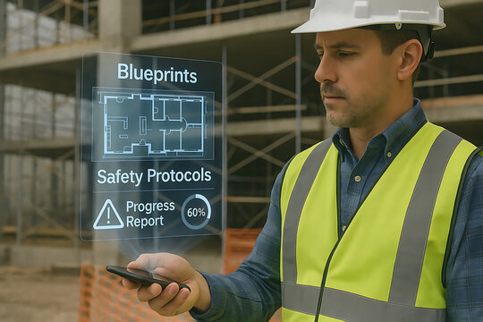Construction Worker Reviewing Blueprints and Safety Protocols via Holographic Smartphone Display