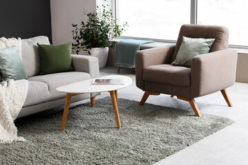 Comfortable sofa, armchair and coffee table in stylish living room