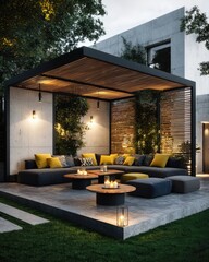 Modern outdoor patio with pergola, lounge seating, and fire pit