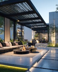 Modern outdoor patio area under a slatted pergola
