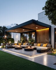 Modern outdoor patio at dusk