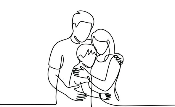 Naklejki Continuous line drawing shows a family hugging with love and affection.