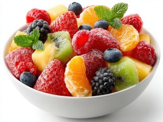 Colorful assortment of ripe fruits including strawberries, oranges, and kiwis, garnished with mint leaves, isolated on a white background