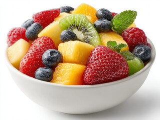 White bowl is brimming with a vibrant mix of fresh fruit salad, including strawberries, blueberries, kiwi, pineapple, raspberries, and melon