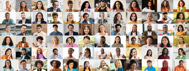 A vibrant collection of joyful faces from various backgrounds celebrates diversity and connection. This portrait collage reflects happiness among multiethnic individuals in a communal setting.